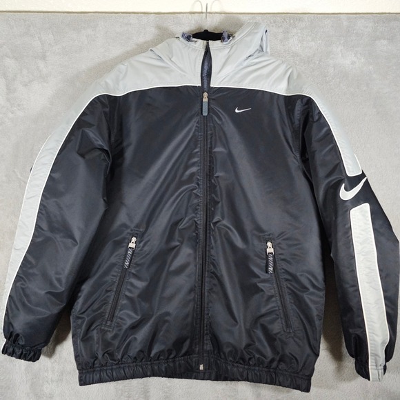 Nike Jacket Mens Medium Black Gray Water Resistant Hooded Windbreaker 117534 VTG